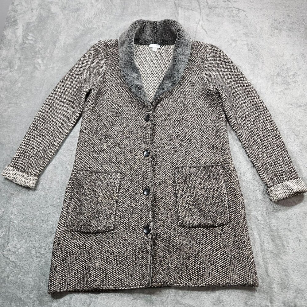J Jill Cardigan Womens Small Brown Gray Long Line Faux Fur Trim Duster Coatigan - Picture 1 of 8